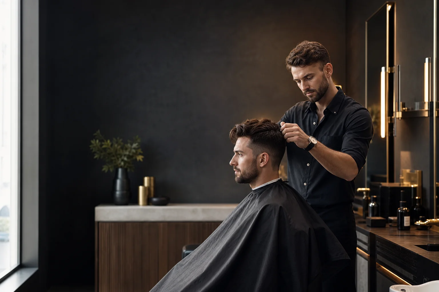 Moderner Barber arbeitet in einem dunklen Premium-Studio